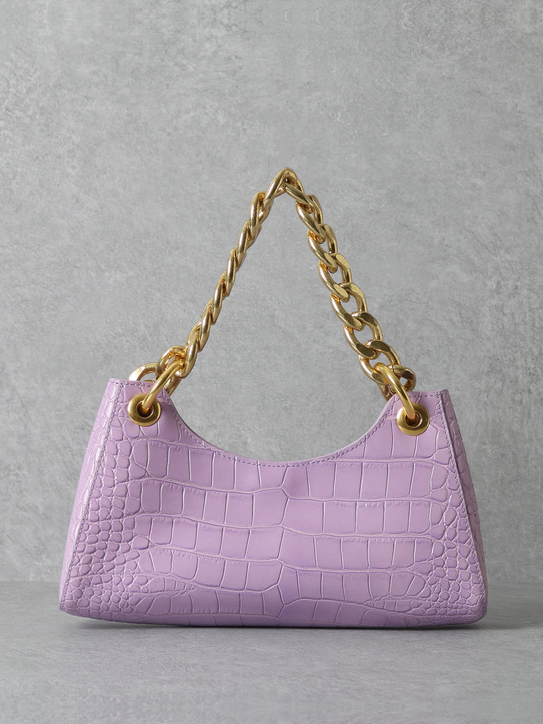 Women's 90s Crocodile Froggy Shoulder Bag Croc Effect Baguette Bag Gold Thick Chain - POPBAE