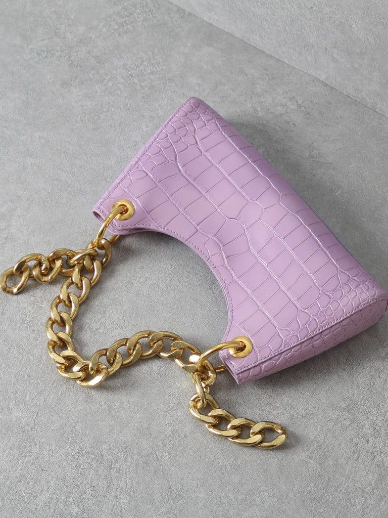 Women's 90s Crocodile Froggy Shoulder Bag Croc Effect Baguette Bag Gold Thick Chain - POPBAE