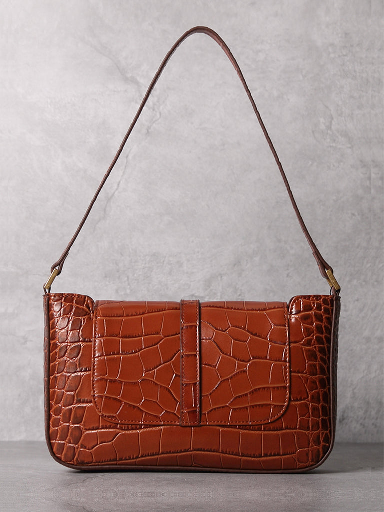 Women's Paris 90s Vintage Baguette Handbag Croc-effect Miranda Shoulder Bag - POPBAE