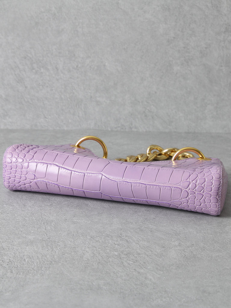 Women's 90s Crocodile Froggy Shoulder Bag Croc Effect Baguette Bag Gold Thick Chain - POPBAE