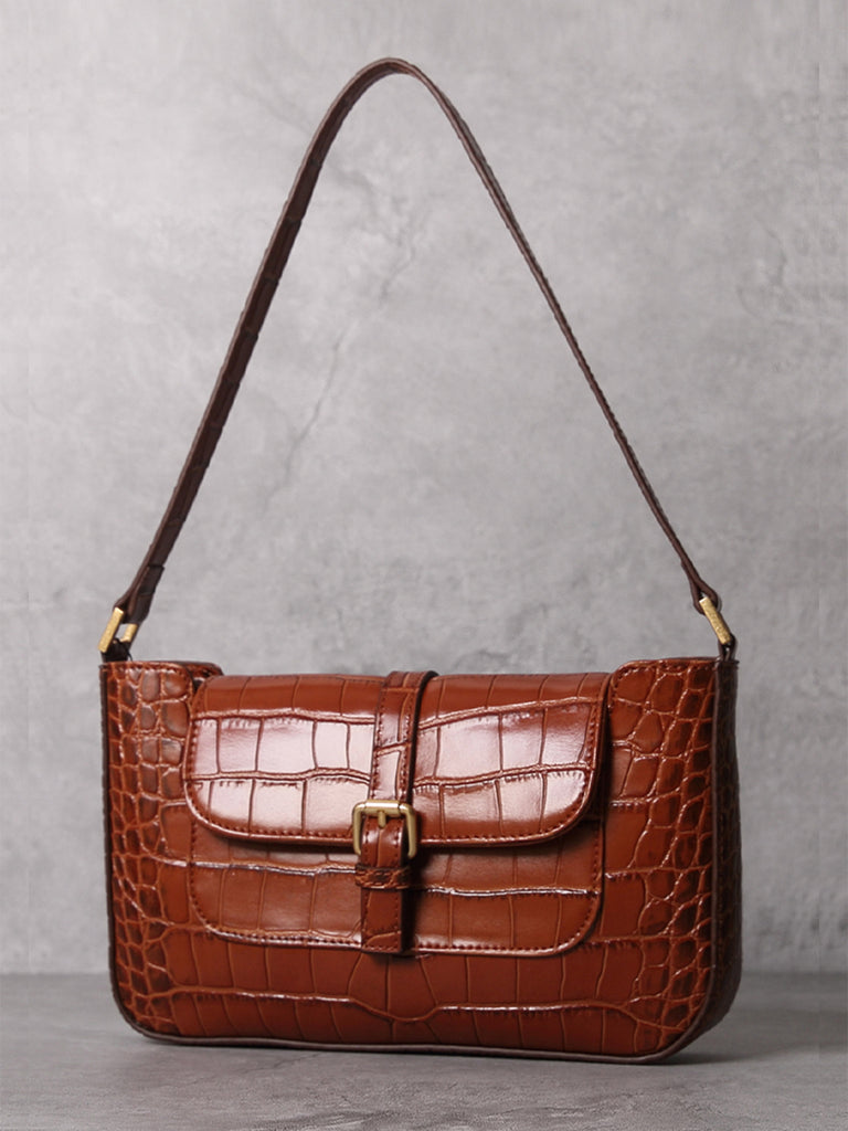 Women's Paris 90s Vintage Baguette Handbag Croc-effect Miranda Shoulder Bag - POPBAE