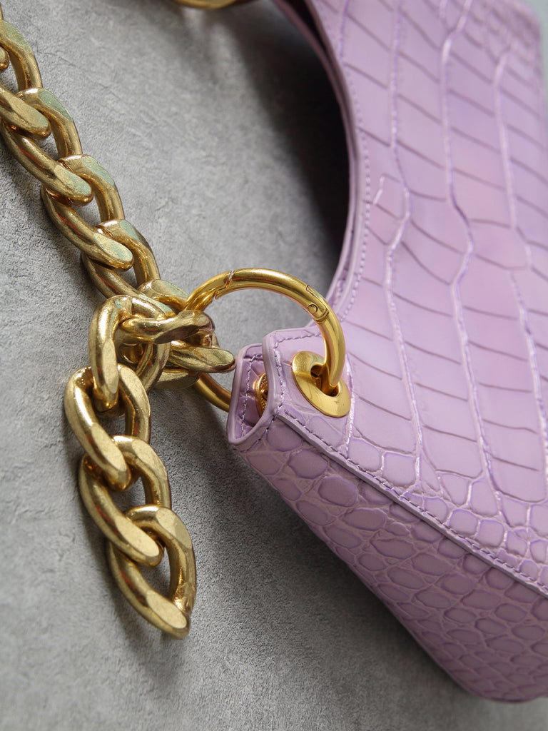 Women's 90s Crocodile Froggy Shoulder Bag Croc Effect Baguette Bag Gold Thick Chain - POPBAE