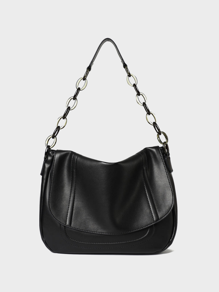 PopBae Women's Soft Leather Shoulder Bag With Chain Strap Flap Top Satchel Handbag In Black - POPBAE