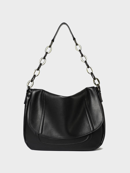PopBae Women's Soft Leather Shoulder Bag With Chain Strap Flap Top Satchel Handbag In Black - POPBAE