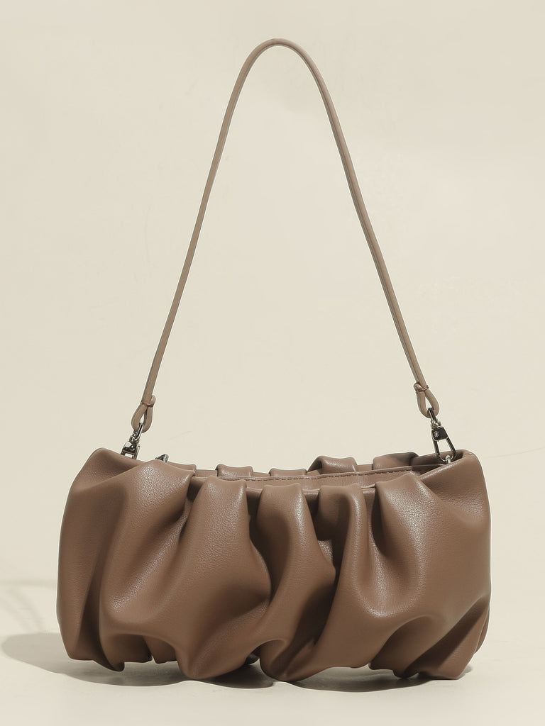 Women's Thin Strap Bean Shoulder Bag Cute Pouch Handbag Soft Nappa Leather Puffy Clutch Top Handle Ruched Bag - POPBAE