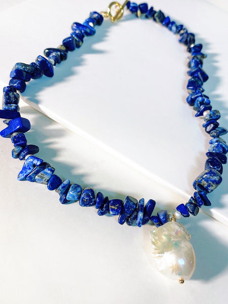 Natural Stone Lapis Lazuli Chocker Freshwater Baroque Pearl Drop Necklace | SAWUBONA - POPBAE