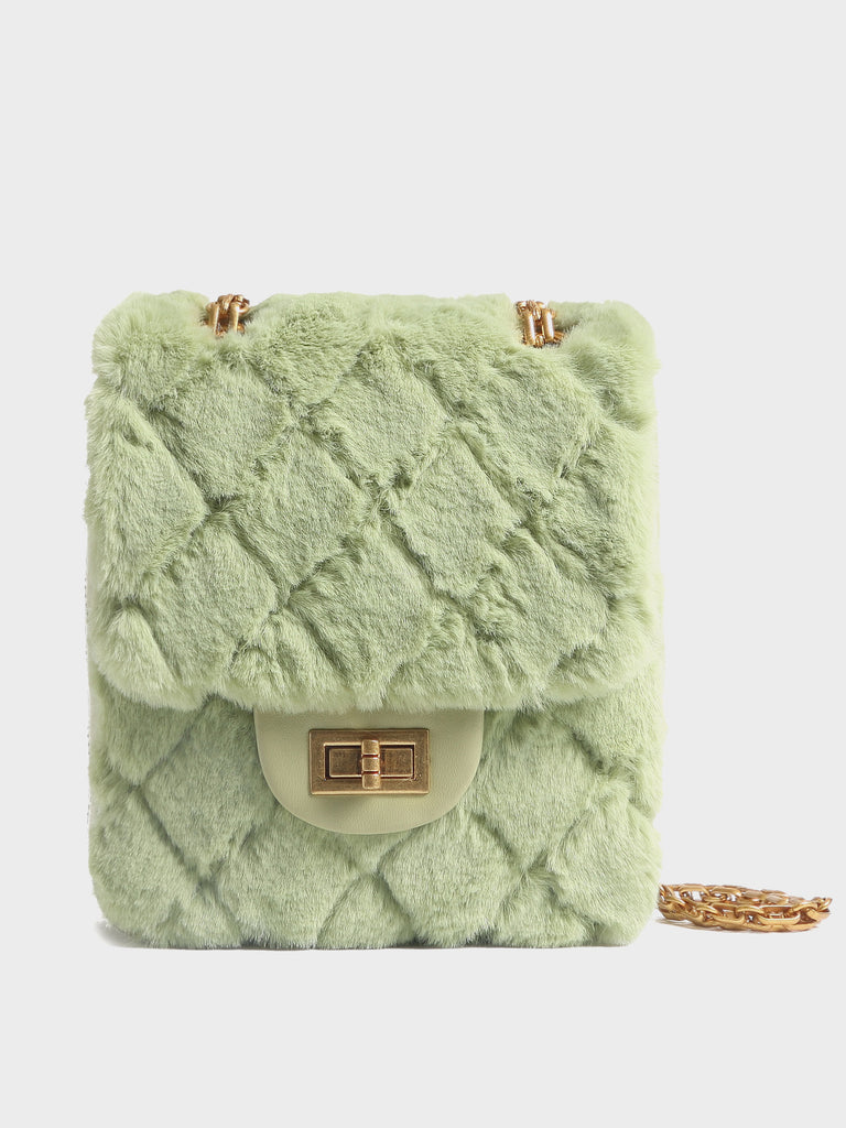 Women's Mini Bag Fur Quilted Design With Golden Chain Strap In Pistachio - POPBAE
