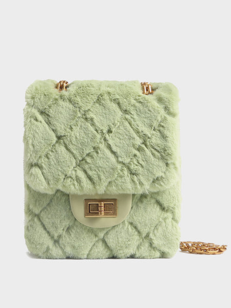 Women's Mini Bag Fur Quilted Design With Golden Chain Strap In Pistachio - POPBAE