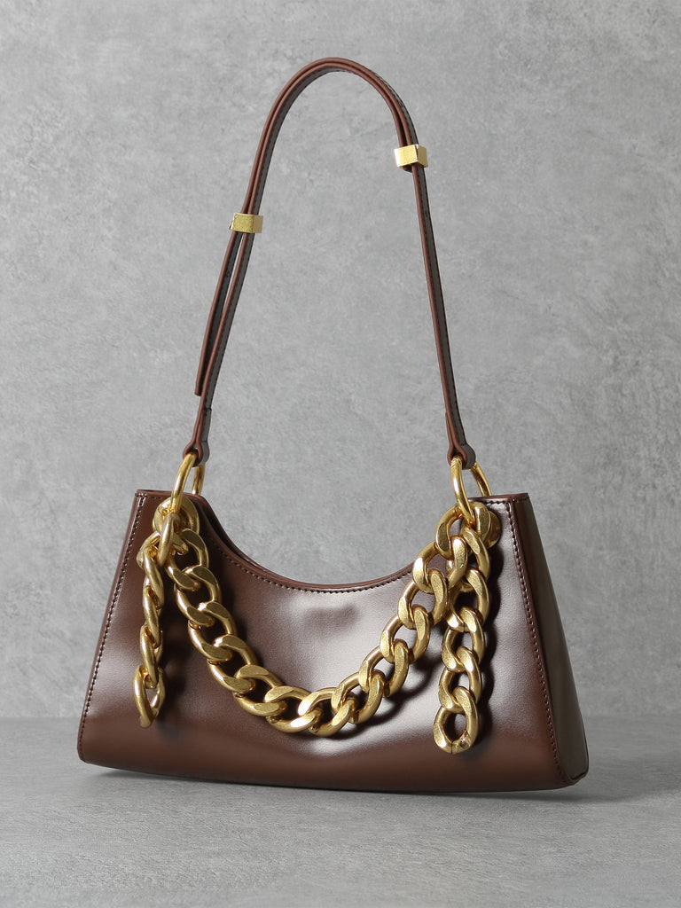 Women's 90s Crocodile Froggy Shoulder Bag Croc Effect Baguette Bag Gold Thick Chain - POPBAE