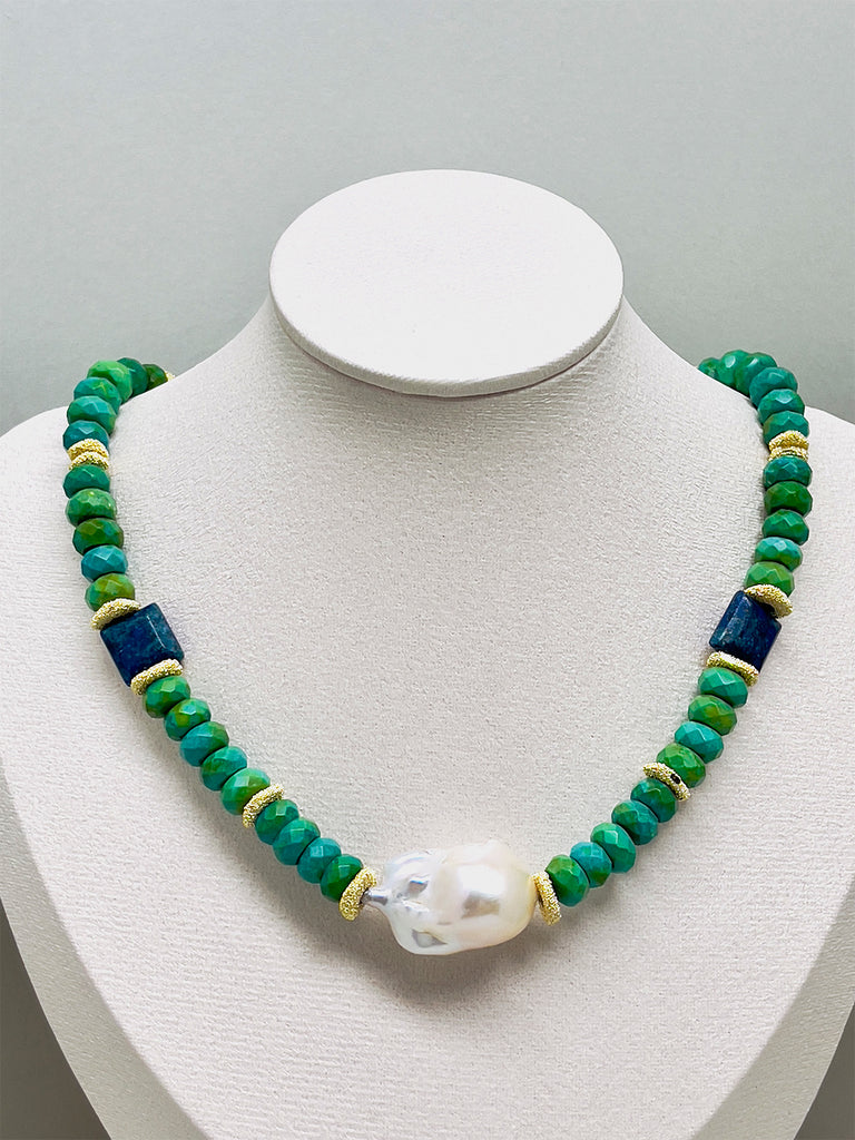 Green Turquoise Baroque Pearl Necklace Natural Stone Gold Detail Choker | SAWUBONA - POPBAE