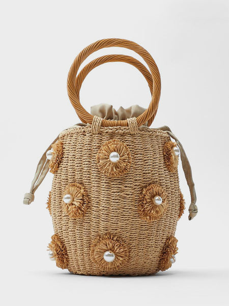 Women's Summer Straw Braided Basket Bag Open-top Petit Bucket Handbag Round Handle Pearls Embellishment - POPBAE