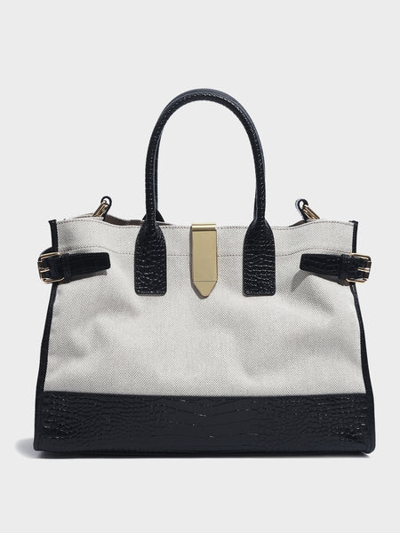 Women's Black Croc Linen Tote Bag Top Handle Detachable Strap Golden Detail - POPBAE