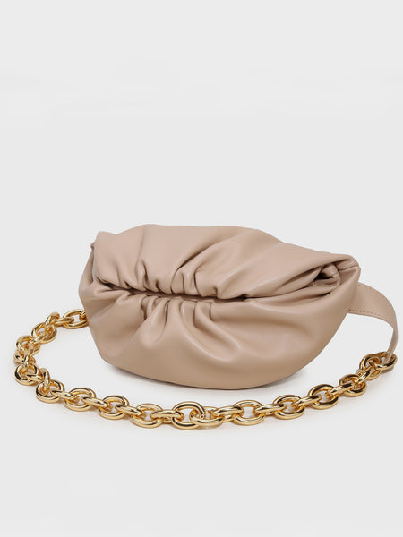 Women's Puffy Fanny Pack Cute Soft Leather Pouch Ruched Belt Bag Chunky Golden Chain - POPBAE