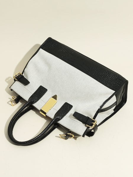 Women's Black Croc Linen Tote Bag Top Handle Detachable Strap Golden Detail - POPBAE