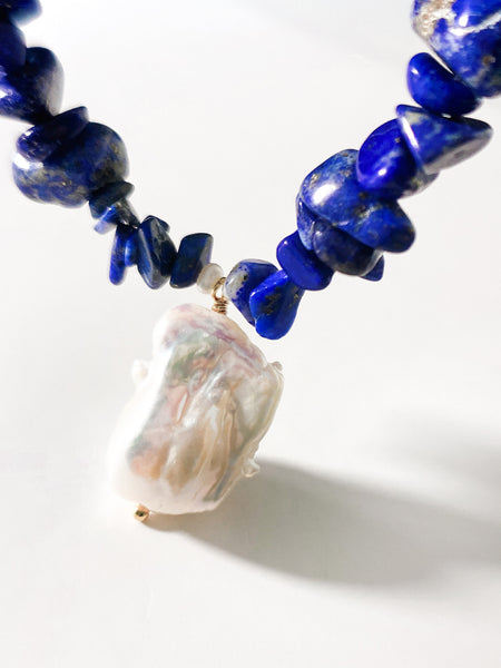 Natural Stone Lapis Lazuli Chocker Freshwater Baroque Pearl Drop Necklace | SAWUBONA - POPBAE