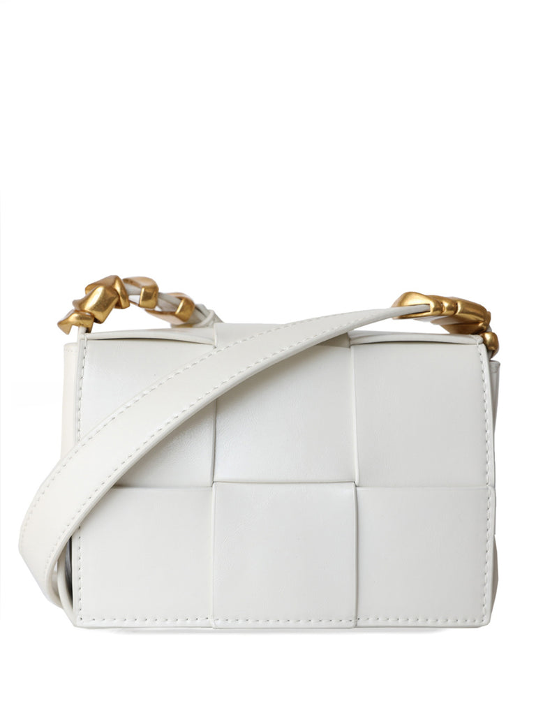 Mini Square Padded Cassette Bag Woven Leather Shoulder Bag Crossbody Handbag - POPBAE