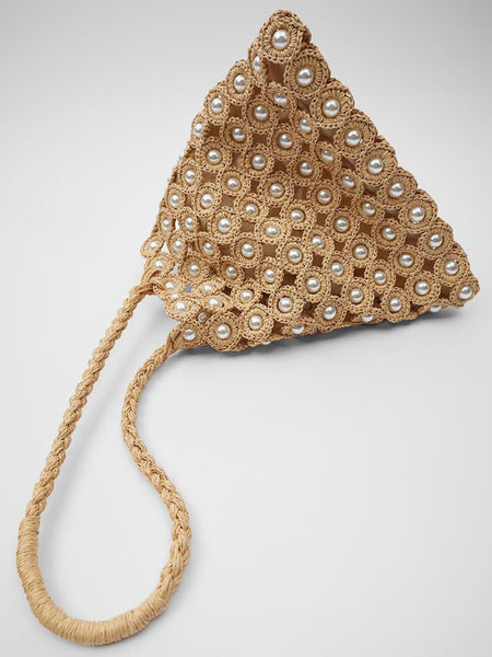 Women's Summer Beaded Bag Straw Braided Bag Open-top Bucket Handbag Tote Bag Pearls Embellishment - POPBAE