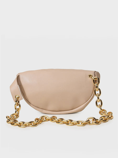 Women's Puffy Fanny Pack Cute Soft Leather Pouch Ruched Belt Bag Chunky Golden Chain - POPBAE