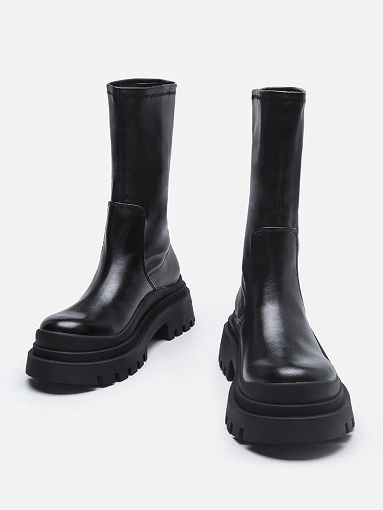 Women's Solid Mid-block Round Toe Chunky Sole Low Chelsea Boots - POPBAE