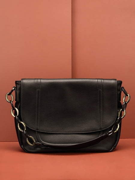 PopBae Women's Soft Leather Shoulder Bag With Chain Strap Flap Top Satchel Handbag In Black - POPBAE