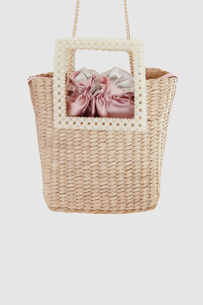Women's Summer Straw Tote Basket Bag Open-top Bucket Handbag Pearl Embellishment Handles In Tan - POPBAE