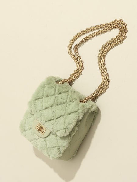 Women's Mini Bag Fur Quilted Design With Golden Chain Strap In Pistachio - POPBAE