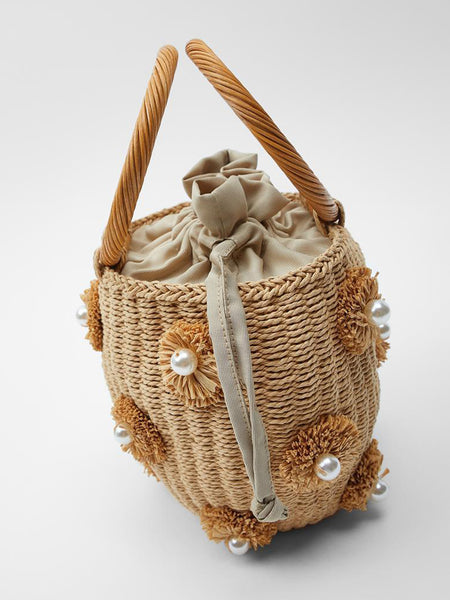 Women's Summer Straw Braided Basket Bag Open-top Petit Bucket Handbag Round Handle Pearls Embellishment - POPBAE