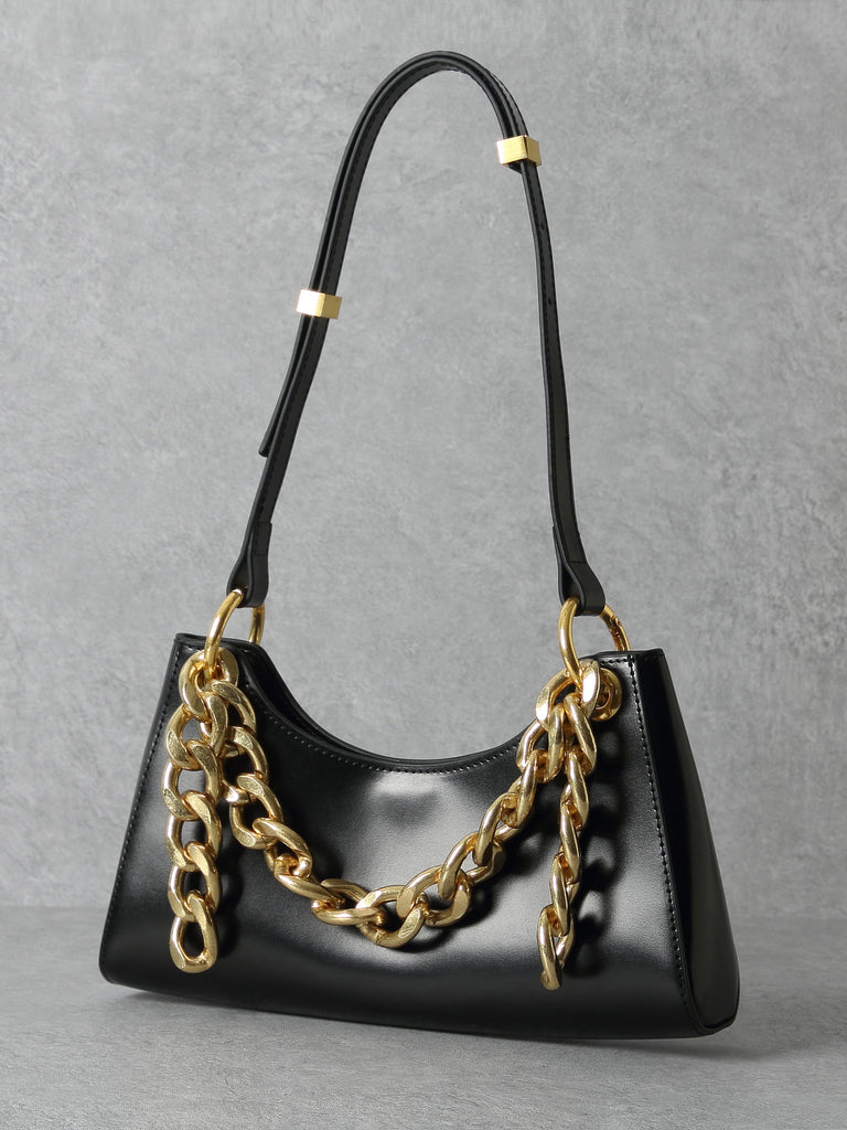 Women's 90s Crocodile Froggy Shoulder Bag Croc Effect Baguette Bag Gold Thick Chain - POPBAE