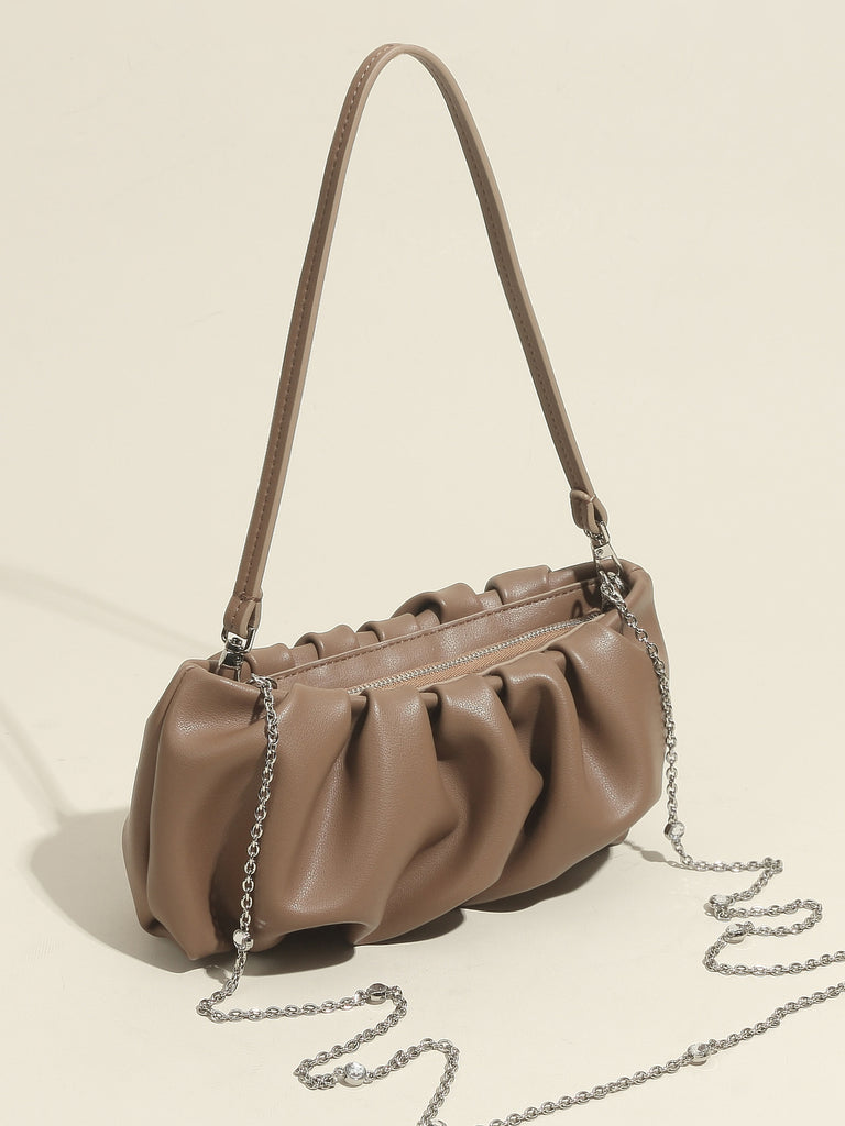 Women's Thin Strap Bean Shoulder Bag Cute Pouch Handbag Soft Nappa Leather Puffy Clutch Top Handle Ruched Bag - POPBAE