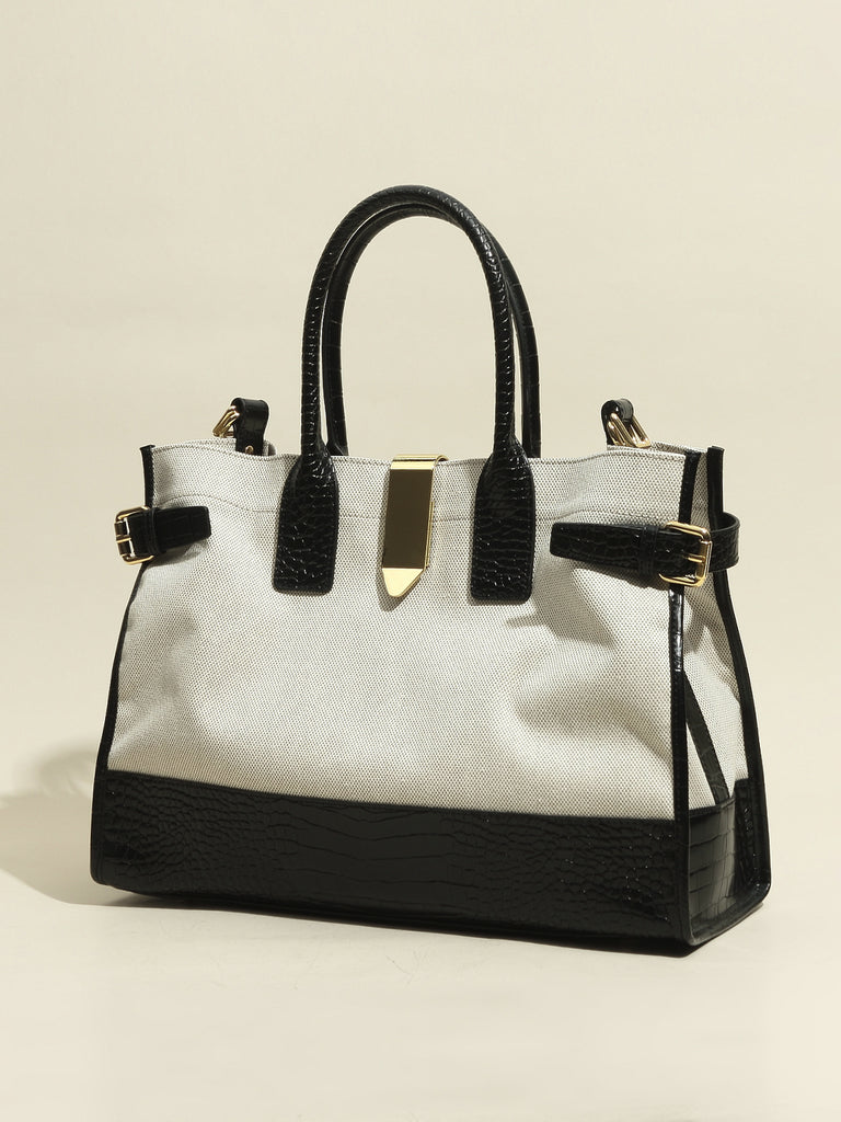 Women s Black Croc Linen Tote Bag Top Handle Detachable Strap
