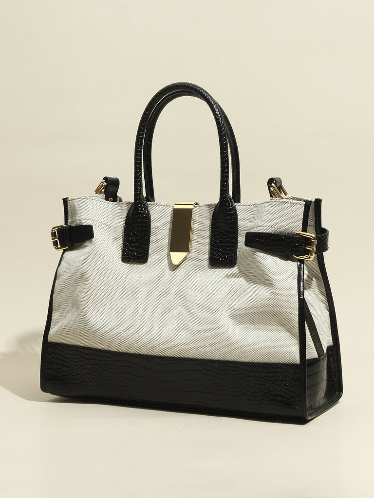 Women's Black Croc Linen Tote Bag Top Handle Detachable Strap Golden Detail - POPBAE