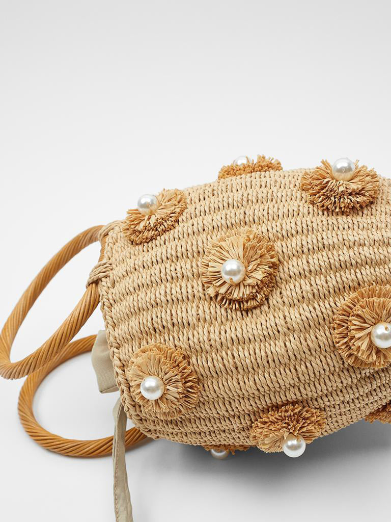Women's Summer Straw Braided Basket Bag Open-top Petit Bucket Handbag Round Handle Pearls Embellishment - POPBAE
