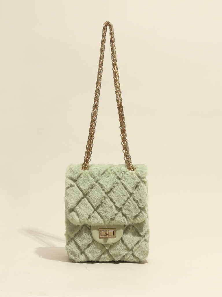 Women's Mini Bag Fur Quilted Design With Golden Chain Strap In Pistachio - POPBAE
