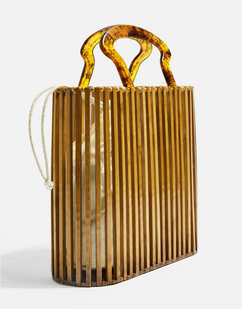 Women's Rectangular Bamboo Basket Bag Wood Bucket Bag Tortoiseshell Handle - POPBAE
