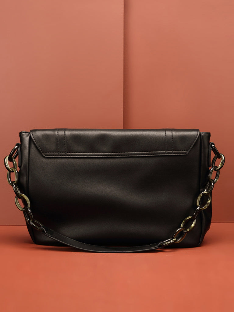 PopBae Women's Soft Leather Shoulder Bag With Chain Strap Flap Top Satchel Handbag In Black - POPBAE