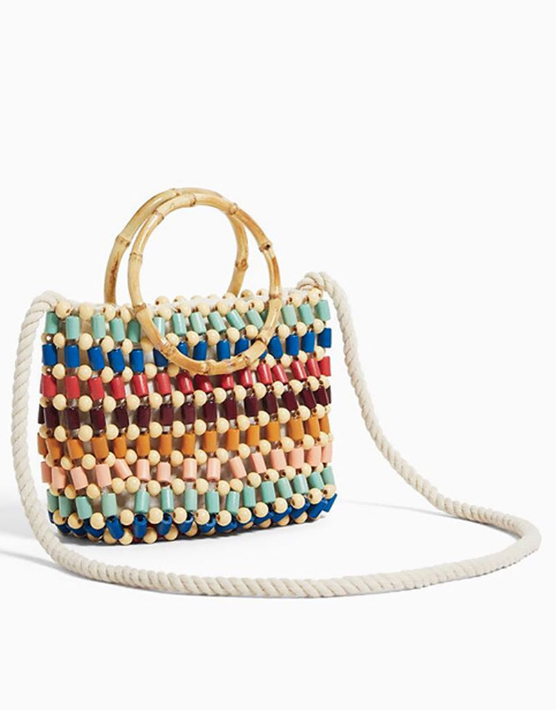 Women's Wood Beaded Tote Handbag Cotton Strap Bamboo Handle - POPBAE