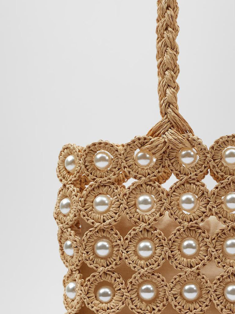 Women's Summer Beaded Bag Straw Braided Bag Open-top Bucket Handbag Tote Bag Pearls Embellishment - POPBAE