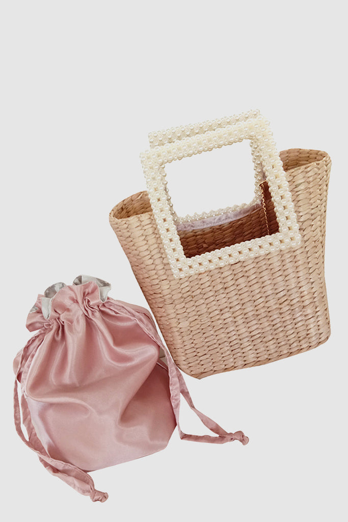 Women's Summer Straw Tote Basket Bag Open-top Bucket Handbag Pearl Embellishment Handles In Tan - POPBAE