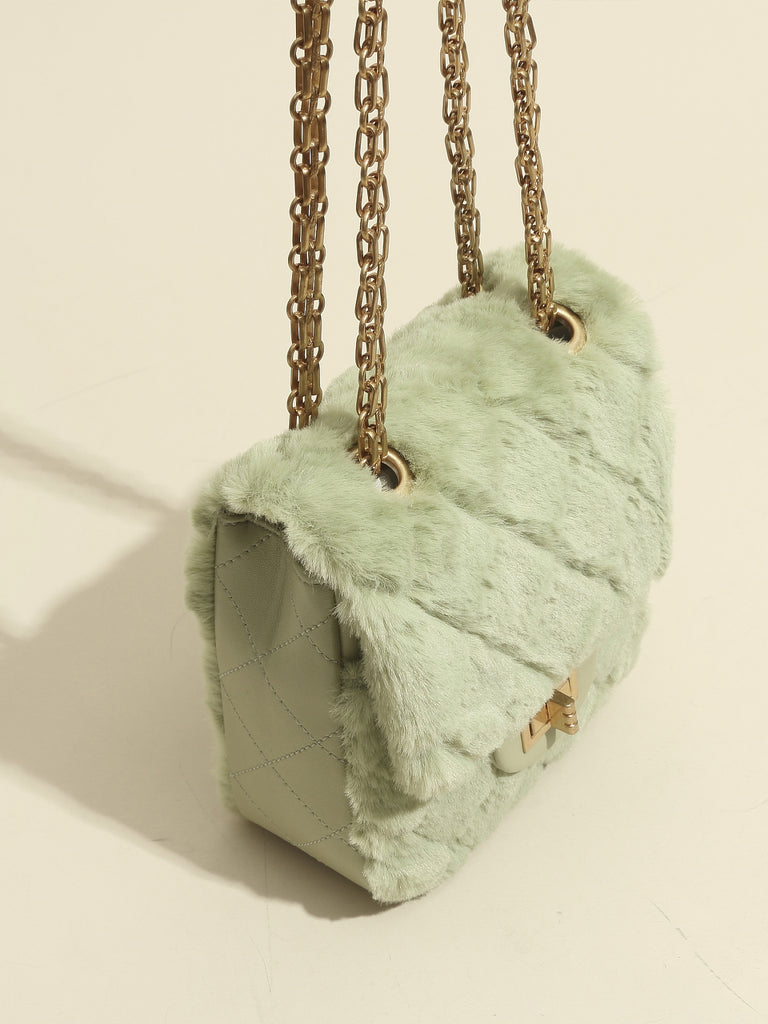 Women's Mini Bag Fur Quilted Design With Golden Chain Strap In Pistachio - POPBAE