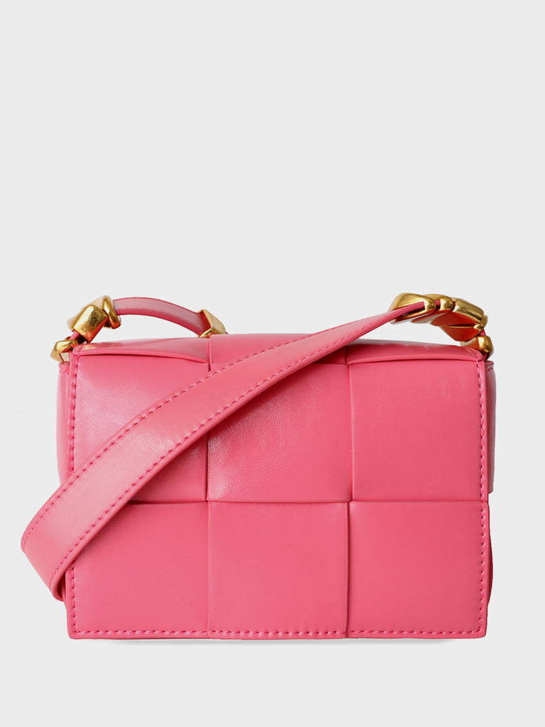 Mini Square Padded Cassette Bag Woven Leather Shoulder Bag Crossbody Handbag - POPBAE