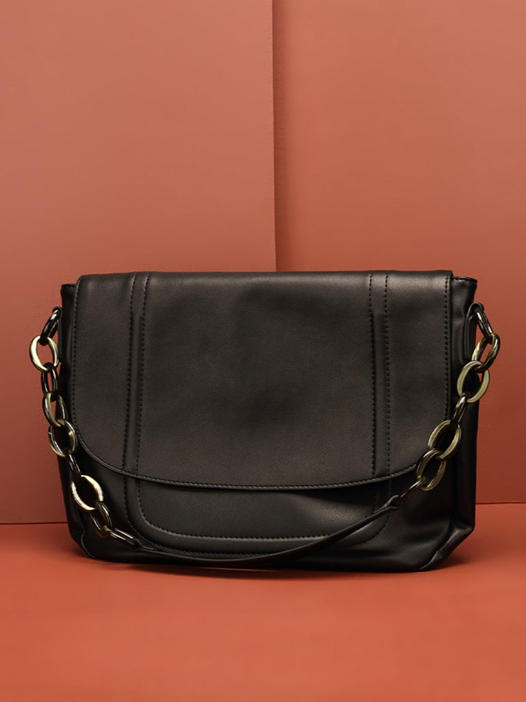 PopBae Women's Soft Leather Shoulder Bag With Chain Strap Flap Top Satchel Handbag In Black - POPBAE