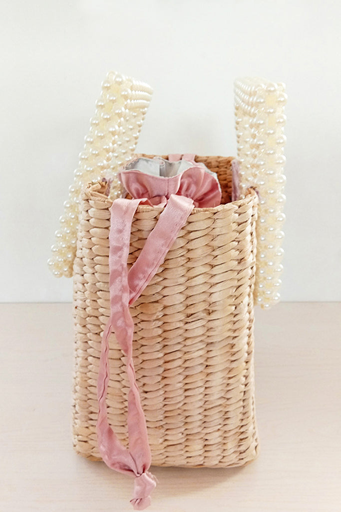 Women's Summer Straw Tote Basket Bag Open-top Bucket Handbag Pearl Embellishment Handles In Tan - POPBAE