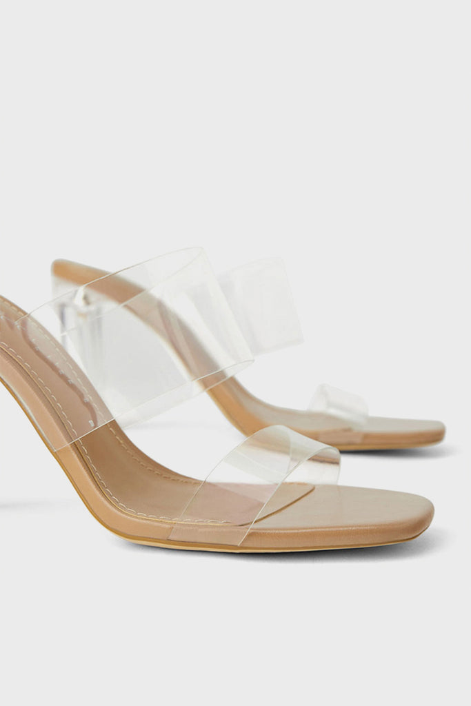 Women's Clear Heeled Sandals In Nude - POPBAE