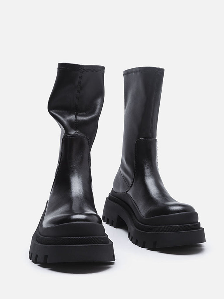 Women's Solid Mid-block Round Toe Chunky Sole Low Chelsea Boots - POPBAE