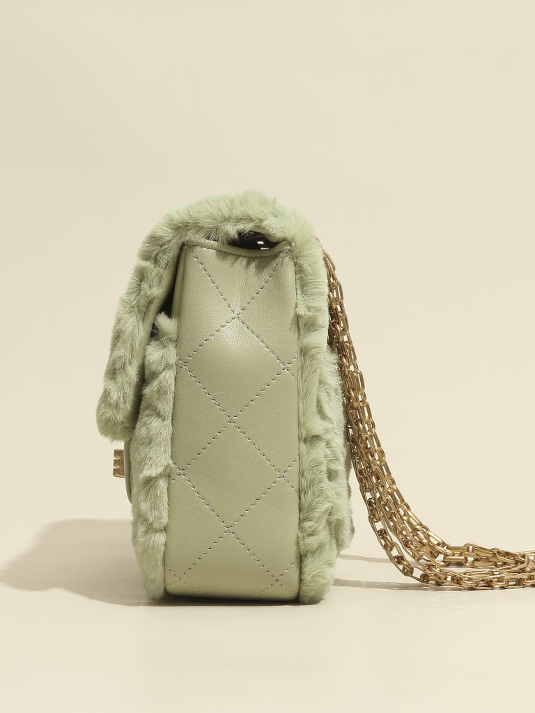 Women's Mini Bag Fur Quilted Design With Golden Chain Strap In Pistachio - POPBAE
