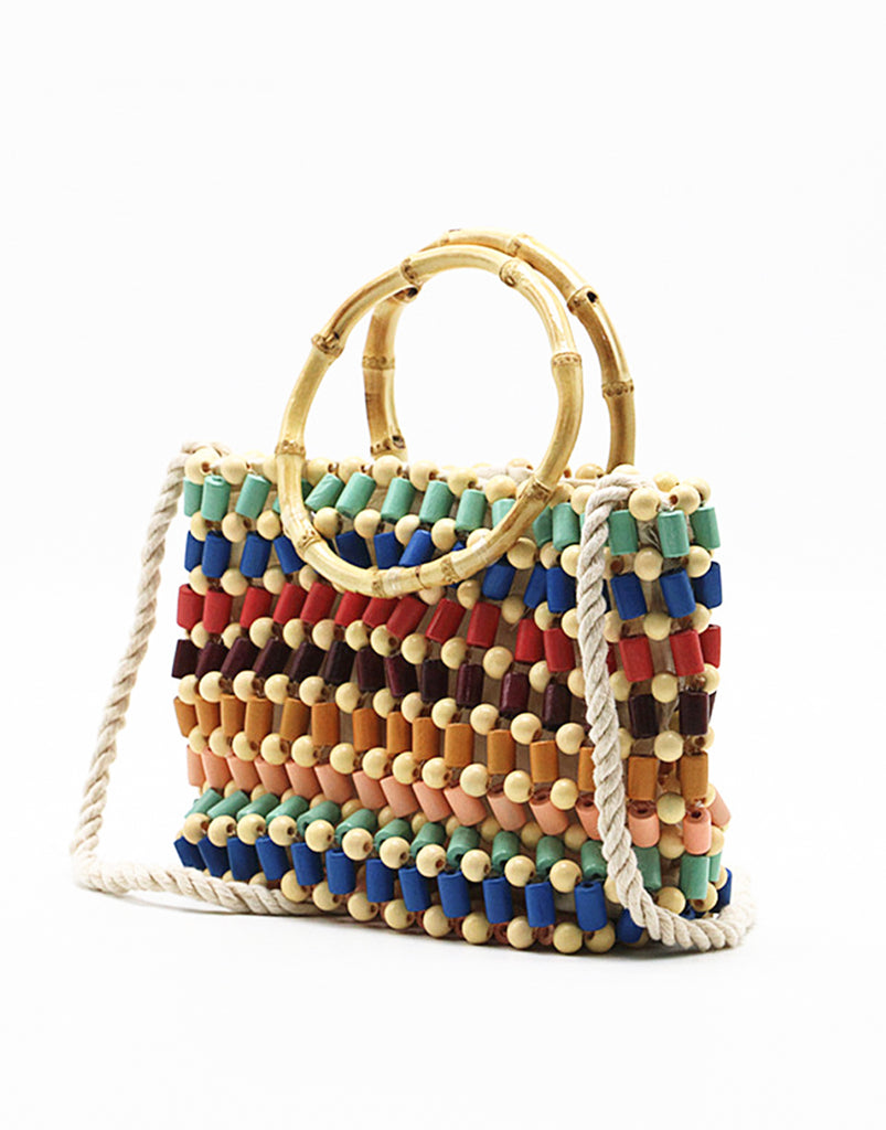 Women's Wood Beaded Tote Handbag Cotton Strap Bamboo Handle - POPBAE