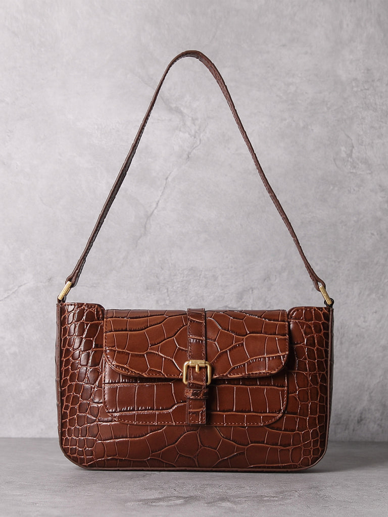 Women's Paris 90s Vintage Baguette Handbag Croc-effect Miranda Shoulder Bag - POPBAE