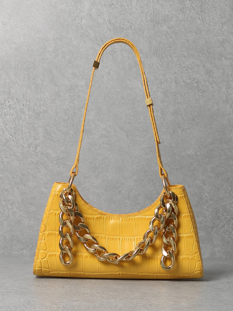 Crocodile Embossed Chain Baguette Bag