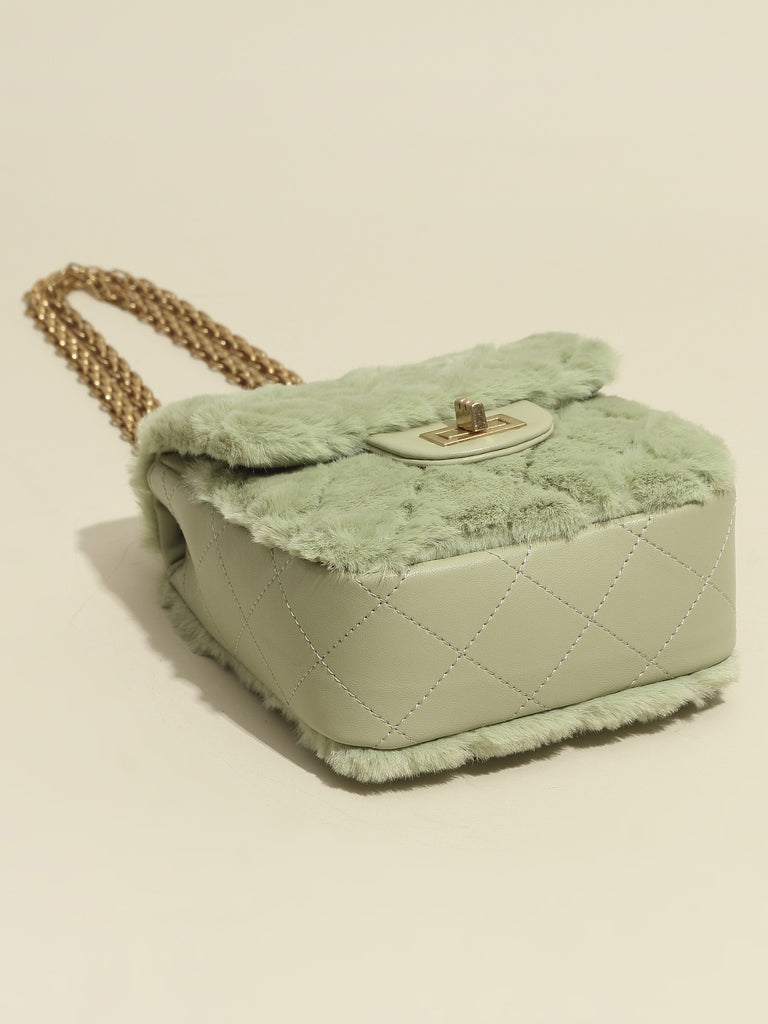 Women's Mini Bag Fur Quilted Design With Golden Chain Strap In Pistachio - POPBAE
