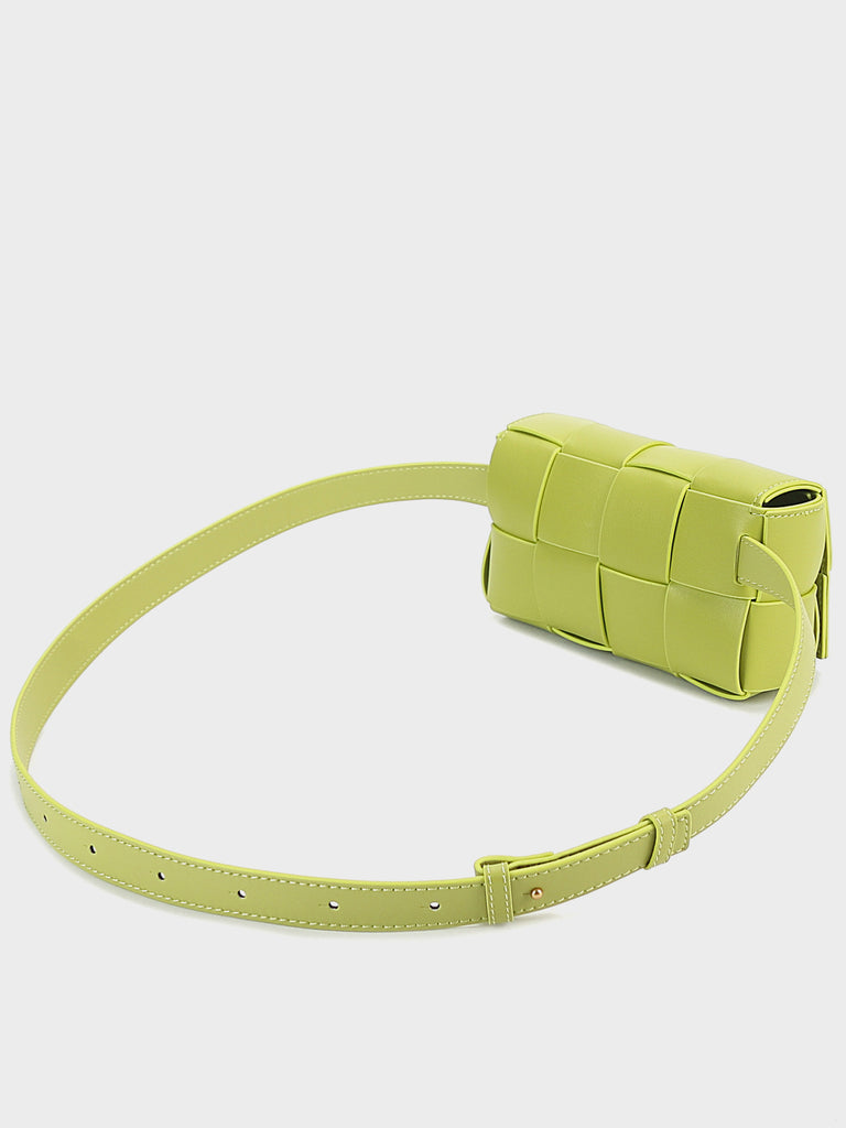 Women's Square Cassette Mini Woven Leather Belt Bag Crossbody Sling Fanny Pack Golden Chain - POPBAE